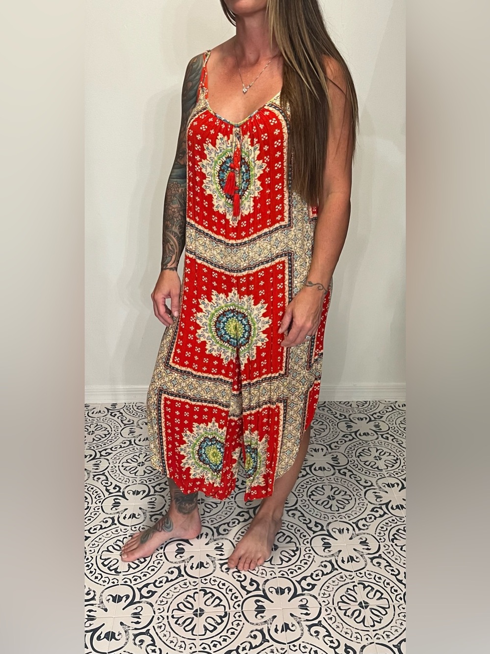 Band of Gypsies Red Printed Sleeveless Jumpsuit
